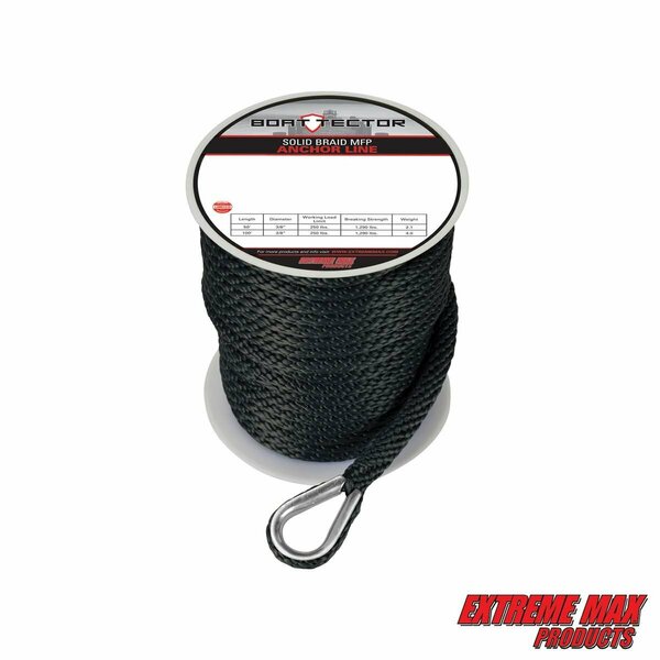 Extreme Max Extreme Max 3006.2057 BoatTector Solid Braid MFP Anchor Line with Thimble - 3/8" x 100', Black 3006.2057